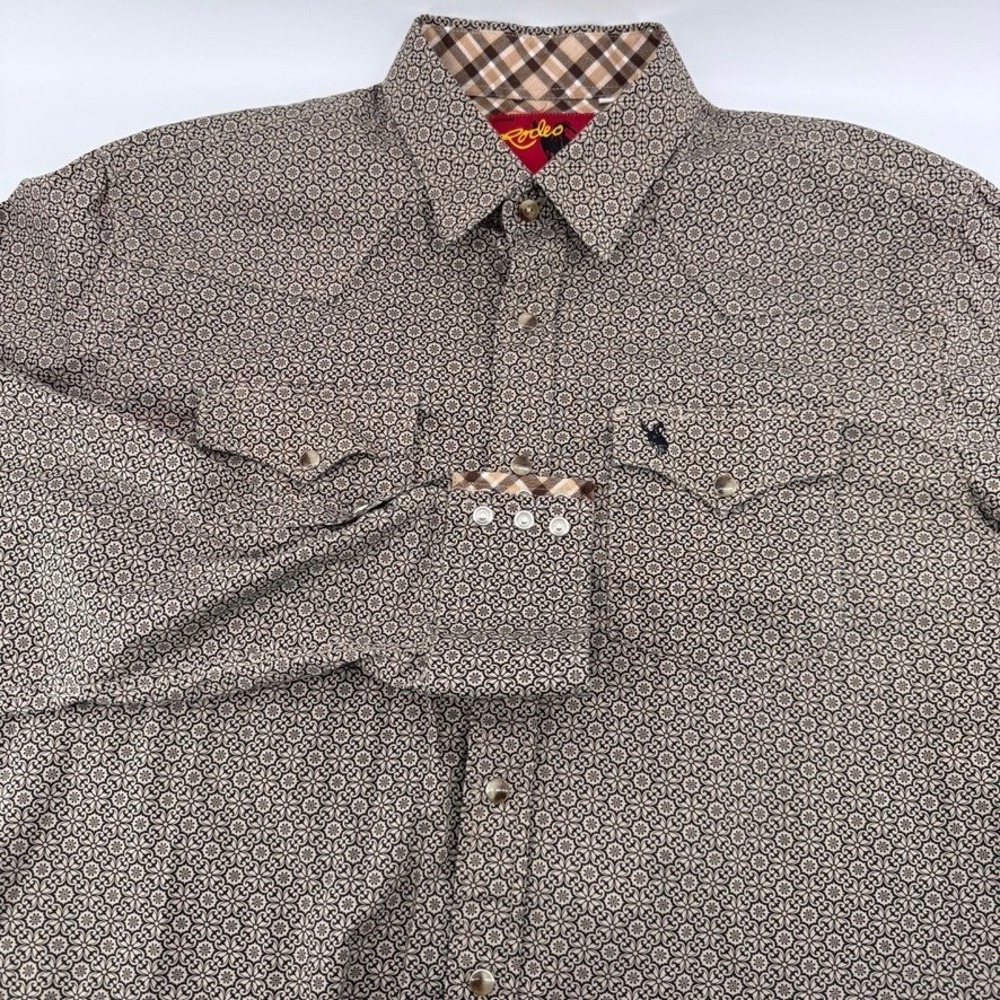Rodeo Clothing Co Western Snap Shirt Mens L Tan Black Floral Medallion Print
